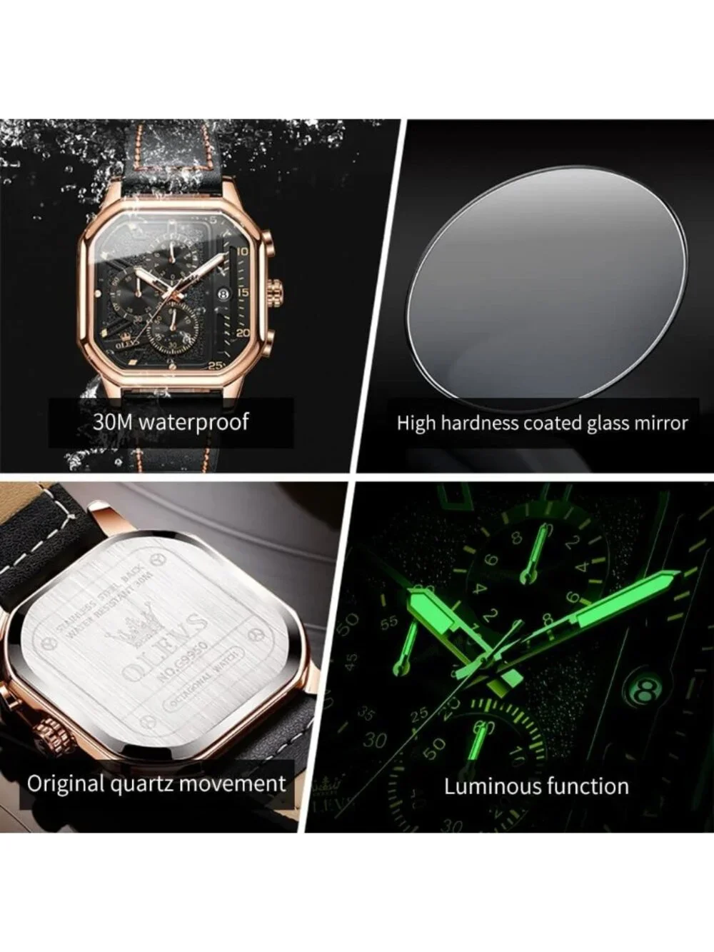 Men's Black Quartz Leather Strap Waterproof Casual Square Dial Date Wrist Watch